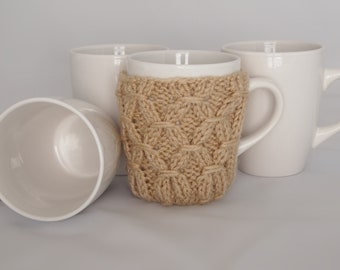 Hand Knit Coffee Mug Cozy Coaster in Desert Sand