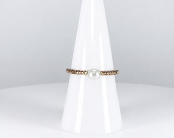 Gold Tone Faux Pearl Ring Size 7 Ribbed Band Minimalist Statement Ring 5mm Pearl Dainty Fashion Jewelry