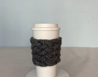 Hand Knit Coffee To Go Sleeve in Gray Heather Cozy Woven Cable Birthday Christmas Mom Teacher