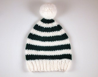 Green and White Stripe Baby Beanie 3 to 6 mo