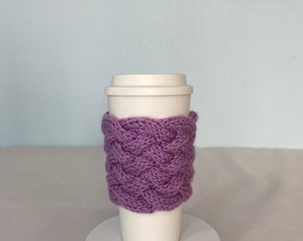 Hand Knit Coffee To Go Sleeve in Orchid Cozy Woven Cable Birthday Christmas Mom Teacher