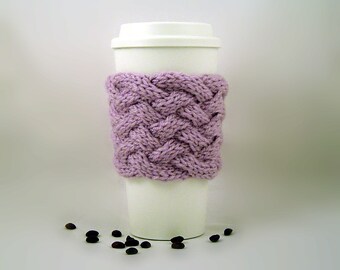 Pale Plum Hand Knit Coffee To Go Sleeve Cozy Woven Cable