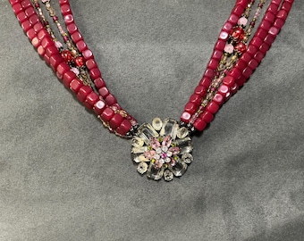 Avon Pink Multi Strand Necklace, Crystal Flower Statement Pendant, Raspberry Beaded Silver Tone Choker, Signed Costume Jewelry