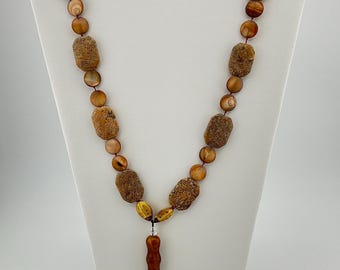 Handmade Jasper & Shell Bead Necklace with Pendant – Natural Stone Boho Statement Jewelry