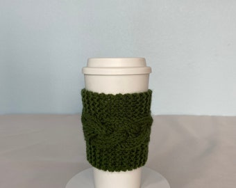 Hand Knit Coffee To Go Sleeve Cozy Cable Stitch in Medium Thyme Birthday Christmas Mother’s Teacher