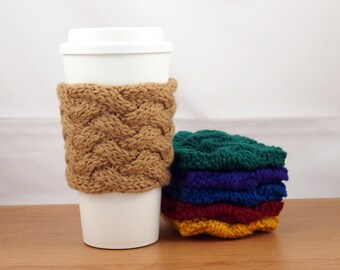 Hand Knit Coffee To Go Sleeve Cozy Woven Cable in Warm Brown