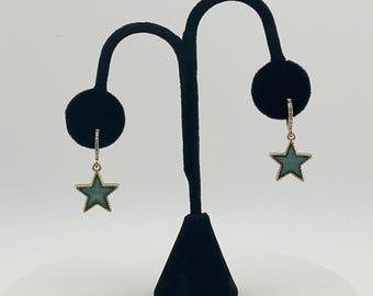 Gold Star Dangle Earrings: Green Enamel Charm, Crystal Hoop