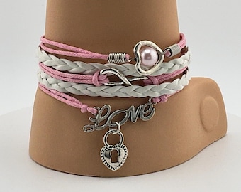 Boho Pink & White Wrap Bracelet: Infinity Love Charm
