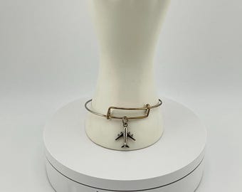 Vintage Silver Tone Airplane Bangle: Adjustable Aviation Jewelry