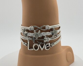 White Leather Wrap Bracelet – Infinity Love Charm with Starfish & Anchor, Boho Beach Jewelry Gift