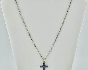 Vintage Blue Enamel Cross Necklace – Religious Christian Pendant Jewelry