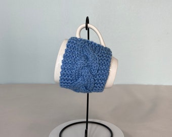 Hand Knit Coffee Mug Cozy Cable Stitch in Bluebell Christmas Birthday Teacher Housewarming