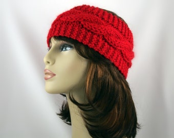 Hand Knit Ear Warmer Headband Wool in Red