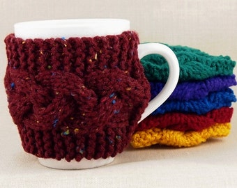 Hand Knit Coffee Mug Cozy Cable Stitch in Claret Fleck