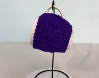 Hand Knit Coffee Mug Cozy Cable Stitch in Purple Christmas Birthday Teacher Housewarming