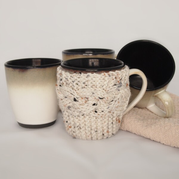 Hand Knit Coffee Mug Cozy Coaster in Aran Fleck