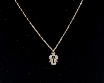 Vintage Gold Angel Pendant Necklace: Rhinestone Halo, Religious Charm
