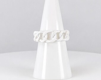 Vintage white Tone Enameled Curb Link Ring Size 6 | 6.3mm Chain Band | Chunky Statement Ring | Unisex Fashion Jewelry
