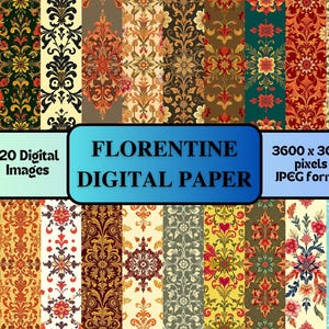 Puede incluir: Un conjunto de 20 papeles digitales con intrincados patrones florales en una variedad de colores, incluyendo oro, rojo, azul y verde. Los papeles son de 3600 x 3600 píxeles y en formato JPEG. FLORENTINE DIGITAL PAPER.