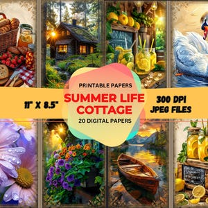 Sommerhaus digitale Papiere, Sommerhaus, Cottagecore druckbare, Sommer-Themen-Papier, digitale Collage Blätter