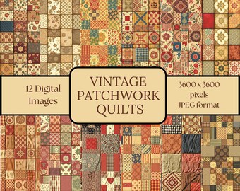 Vintage Patchwork Quilts Digitales Papier: Scrapbook & Kommerzielle Nutzung (JPEG 12"x12")