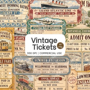 Puede incluir: Una colección de boletos de estilo vintage con varios temas de transporte, incluidos barcos de vapor, hidroaviones, tranvías y trenes. Los diseños incorporan tipografía histórica, fechas de 1938 y bordes decorativos en tonos apagados de crema, marrón, azul y rojo.