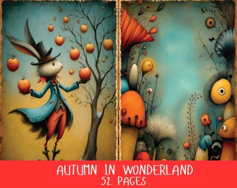 Autumn in Wonderland Pages, Whimsical Alice in Wonderland, Horizontal Fordable Pages, Junk Journal, Scrapbook, Instant Download
