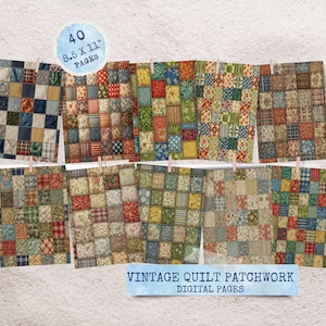以下が含まれることがあります： ヴィンテージキルトパッチワークのデジタルページコレクション。各ページは21.6 x 27.9 cmで、洗濯バサミで表示されています。ページには、花柄や幾何学模様など、さまざまなカラフルなパッチワークデザインが施されています。「40ページ」と「Vintage Quilt Patchwork Digital Pages」の文字があります。