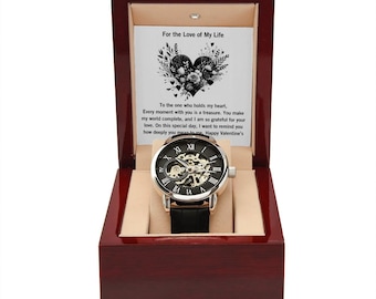 Men's Openwork Automatic Watch: Black Leather Band Skeleton Timepiece