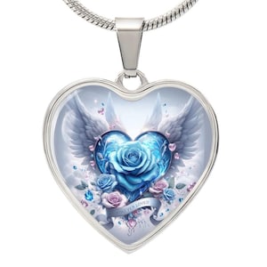 Heart Necklace with Angel Wings Pendant - Elegant Romantic Jewelry Gift for Her - Silver Heart Pendant Necklace