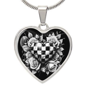 Roses Heart Pendant Necklace: Black & White Surgical Steel Jewelry