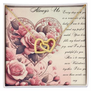 Collar de corazones entrelazados con rosas rosadas, tarjeta con mensaje personalizado, regalo romántico de amor, día de San Valentín, regalo de aniversario para ella