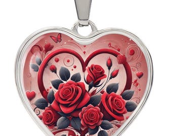 Rote Rosen Herz Anhänger Halskette, Geschenk zum Valentinstag