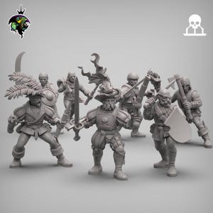 May include: A set of six gray plastic miniature figures of fantasy warriors, each with a unique weapon and pose. The figures are detailed with armor, swords, and shields.