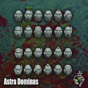 May include: A selection of small, grey miniature heads, each with a unique expression and head covering. Some have respirators, communication devices, or futuristic goggles. The words "Astra Dominas" are visible at the bottom.