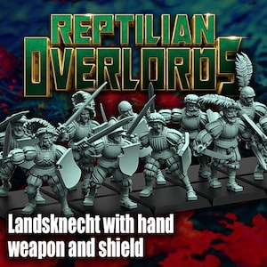 Puede incluir: Figuras en miniatura de Landsknecht con armas de mano y escudos. Las figuras están en posición de combate, con espadas desenvainadas y escudos levantados. El texto "REPTILIAN OVERLORDS" está en la parte superior de la imagen.