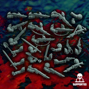 Peut inclure: Ensemble de composants miniatures gris, comprenant des armes et des bras, tels que des fusils, des épées et des pelles. Les pièces sont disposées sur un fond sombre avec des teintes rouges et bleues. Le mot "SUPPORTED" est visible.