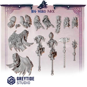 May include: A collection of unpainted miniature figurines and accessories, including capes, weapons, and character heads. The set features a variety of designs, such as a hammer, a shield, and a staff. The text "BIG HERO PACK" is visible at the top.