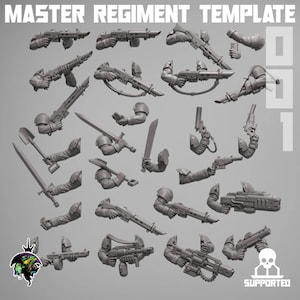 May include: A set of 20 3D printed plastic miniatures for tabletop wargaming. The miniatures are grey and feature different weapons and poses. The miniatures are labelled "Master Regiment Template 001".