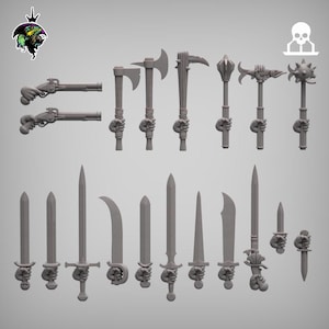 Conjunto de armas y accesorios para mercenarios y milicias impresos en 3D, estilo fantasía histórica y heroica, de 32 mm, de los señores supremos reptilianos.