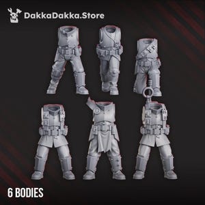 May include: Six gray miniature bodies, likely for tabletop gaming or model building. Each body features detailed armor, pants, and boots. The image includes the text "6 BODIES" at the bottom and the website "DakkaDakka.Store" at the top.