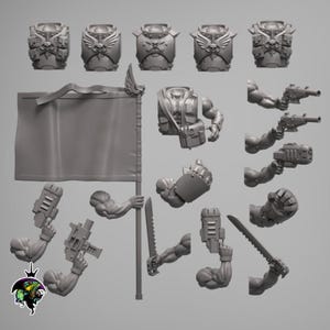May include: A collection of gray miniature figurines, including armor pieces, arms holding weapons, and a banner. The armor pieces feature detailed designs, and the arms hold various weapons like guns and swords. The banner has a detailed top.