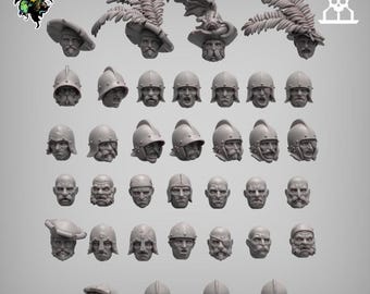 May include: A set of 36 miniature plastic heads, featuring various hairstyles and headwear, including feathered hats and helmets. The heads are gray and appear to be for use in a tabletop game or miniature painting project.