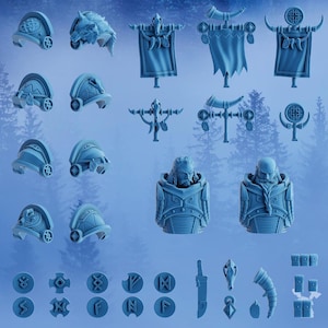 May include: A selection of light blue miniature figurines, including helmets, banners, busts, and various symbols. The helmets feature intricate designs, and the busts depict bearded figures. The set also includes a sword and other decorative elements.