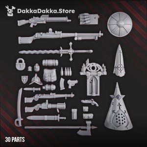 Könnte beinhalten: Eine Sammlung von 30 grauen Miniaturteilen aus Kunststoff, darunter Gewehre, Schwerter, ein Schild und anderes Zubehör zum Thema Militär. Das Bild zeigt den Text "DakkaDakka.Store" und "30 PARTS".