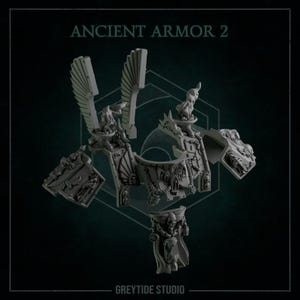 May include: A set of six grey plastic pieces that make up a detailed model of ancient armour. The armour features wings, a chest piece, and a helmet. The text "ANCIENT ARMOR 2" is printed at the top of the image. The text "GREYTIDE STUDIO" is printed at the bottom of the image.