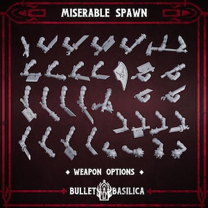Può includere: Una collezione di opzioni di armi in miniatura, tra cui spade, asce e mazze chiodate, disposte su uno sfondo rosso scuro. Il testo "MISERABLE SPAWN" e "WEAPON OPTIONS" sono visualizzati rispettivamente nella parte superiore e inferiore dell'immagine. È visibile anche il logo di "BULLET BASILICA".