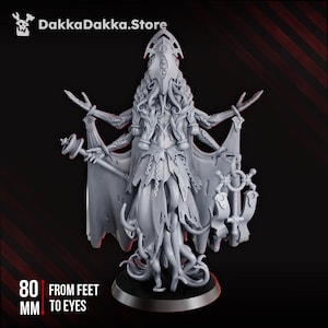 May include: A gray 3D-printed figurine of a robed figure with multiple arms and a tentacled head. The figure is holding a staff and a decorative object. The text on the image reads "DakkaDakka.Store" and "80 mm from feet to eyes."