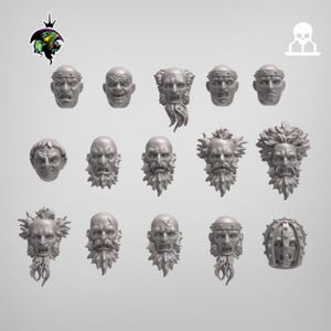 May include: A set of 15 miniature heads with various facial expressions and hairstyles. The heads are made of a gray material and are designed for use in miniature games or as decorative pieces.