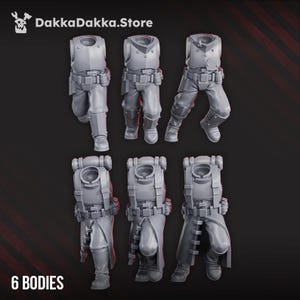 May include: Six gray miniature bodies, each with a detailed military-style design. The bodies include armor, pants, boots, and backpacks. The text "6 BODIES" is at the bottom, and the DakkaDakka.Store logo is at the top.
